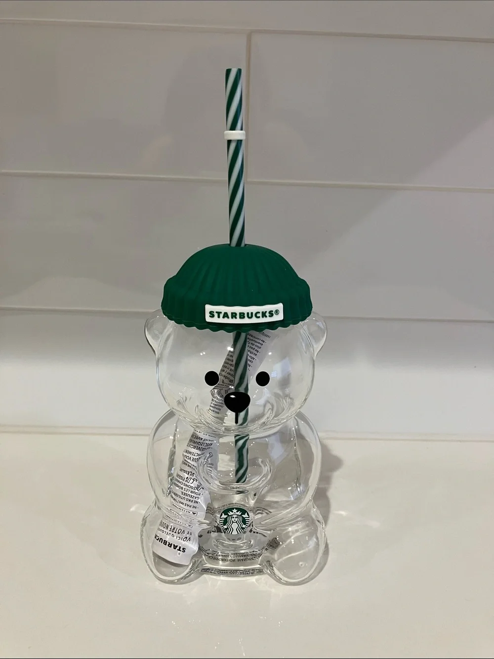 New Starbucks Clear Bear Tumbler with Green Cap and Striped Straw